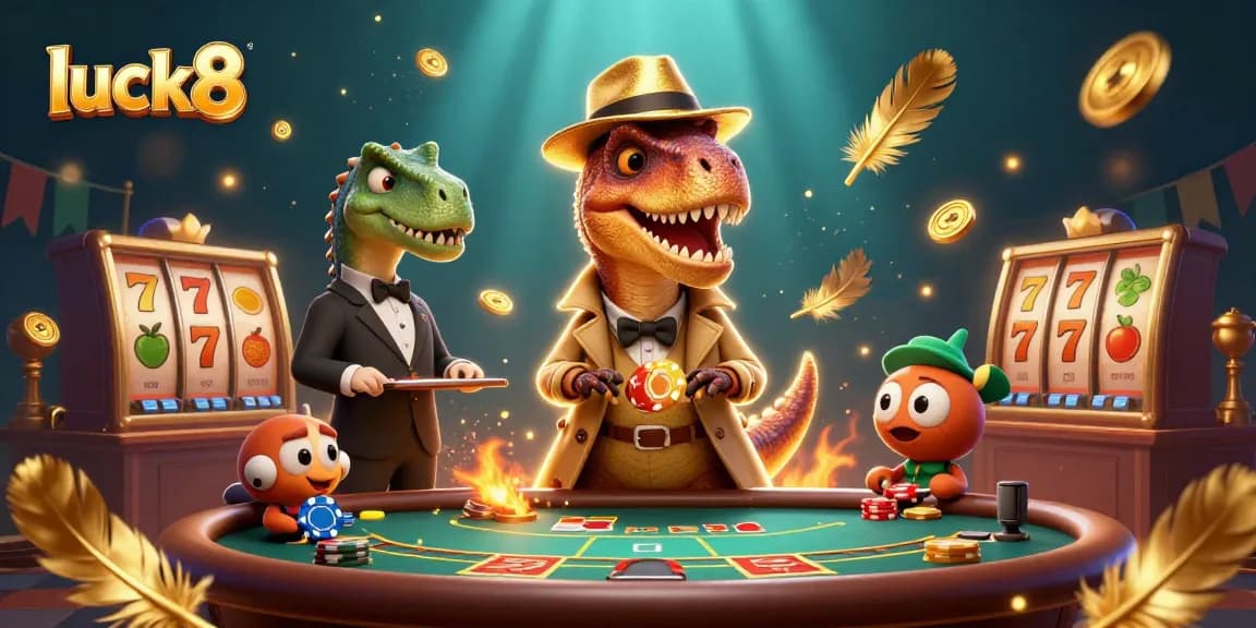 Engage with luck8 in this vibrant casino scene as a velociraptor bets inconspicuously at a blackjack table.