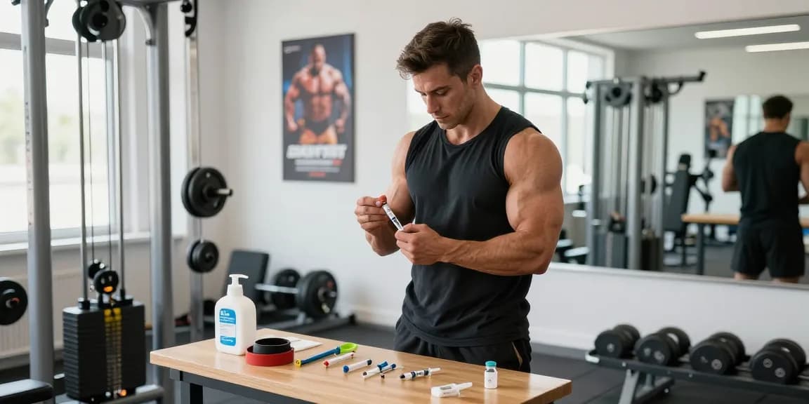 Anabolika Shop - Bodybuilder preparing for injection in modern gym environment