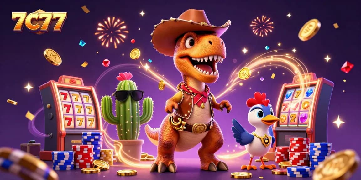 Spin the reels and win with 7C777's captivating casino scene filled with coins and vibrant characters.