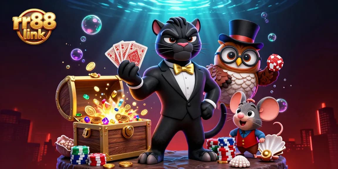 Gain rewards with the rr88 link as a lucky panther deals cards amidst vibrant casino-themed elements.