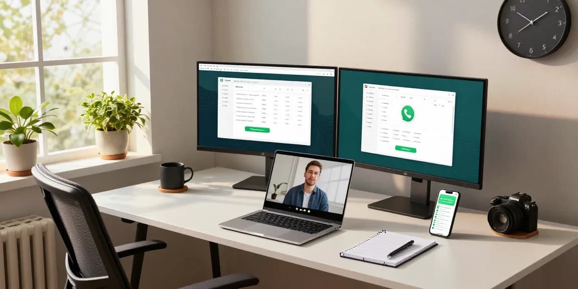 Using WhatsApp電腦版 on dual monitors in a modern home office setting.