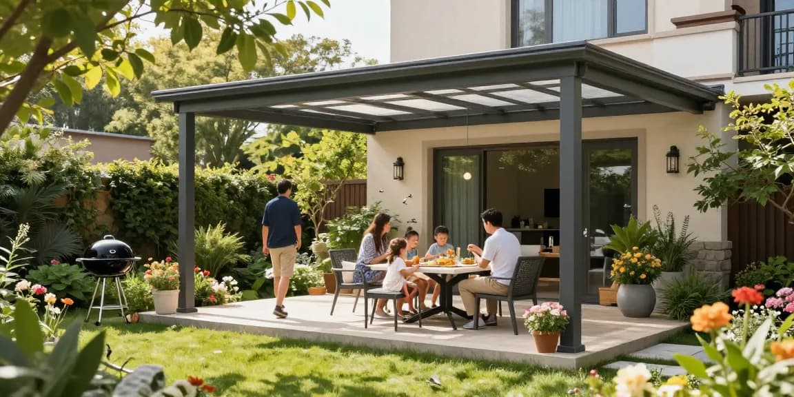 Freistehende Terrassenüberdachung im Garten mit Familie, die ein Picknick genießen.