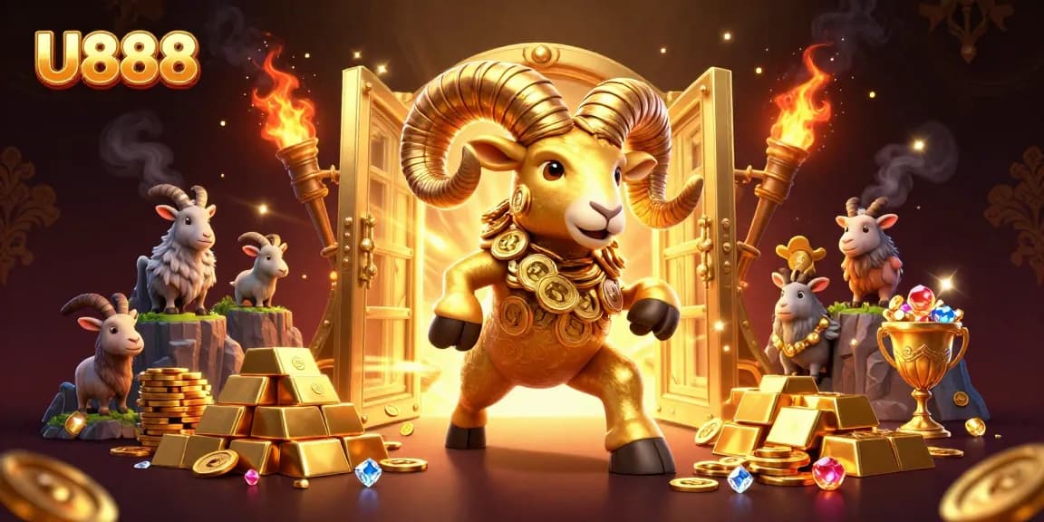U888 creates a vibrant scene with a golden ram charging through treasure, celebrating exciting casino wins.
