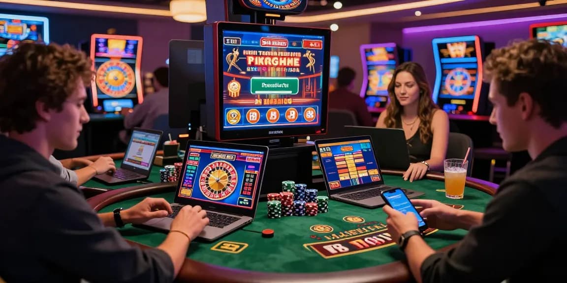 Spannende Paysafe Card Casino-Szene mit Spielern, die in einem lebhaften, modernen Umfeld verschiedene Spiele genießen und digitale Einzahlungen sowie immersives Erlebnis präsentieren.