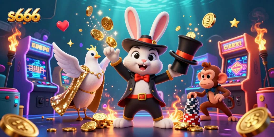 Experience the magic of s666 with a vibrant 3D illustration featuring a magician rabbit and casino elements.