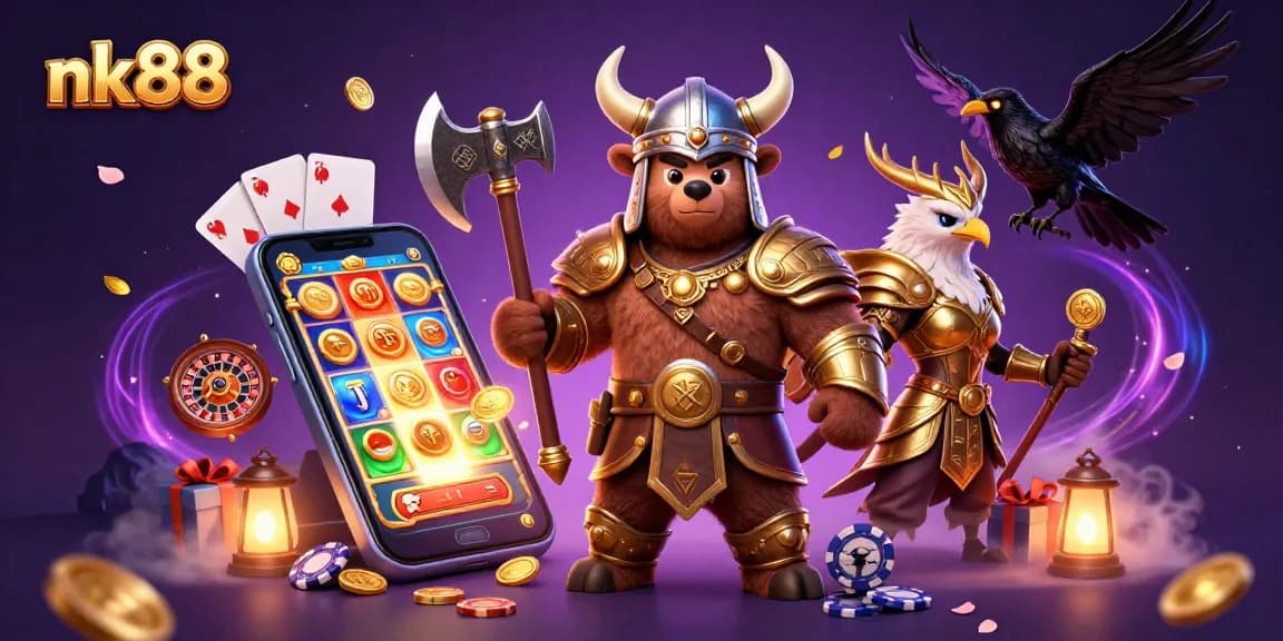 Engage in thrilling gameplay with nk88, featuring a Viking bear and golden eagle amidst spinning slot reels.