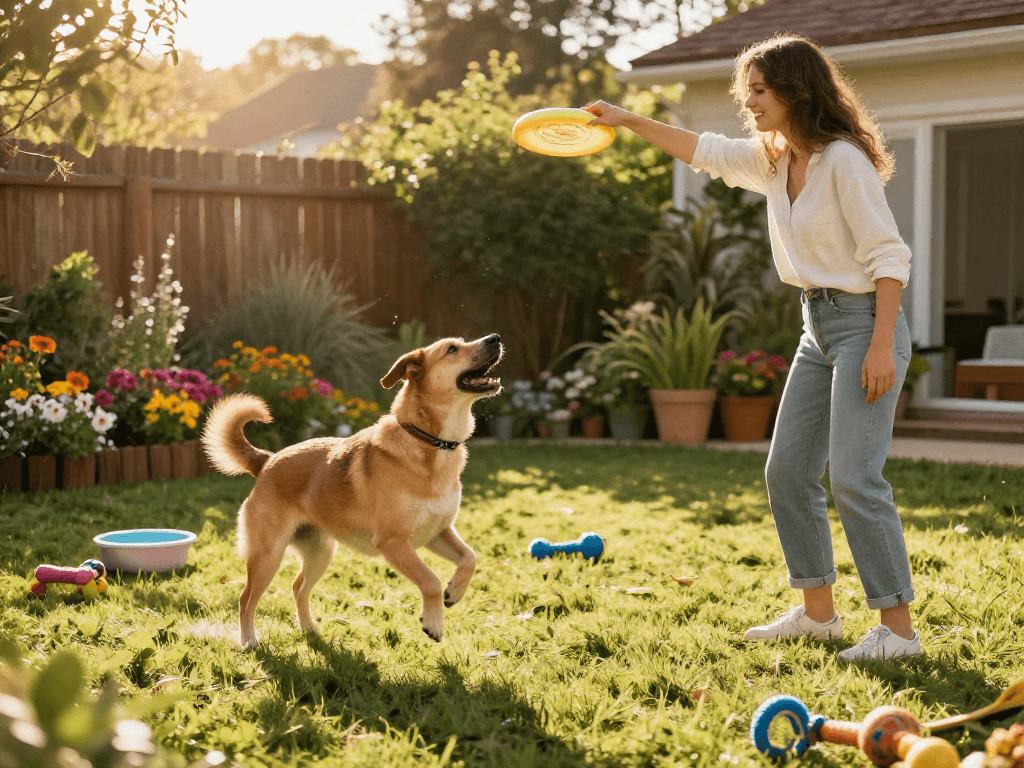 Dog playing with owner in backyard, showcasing joyful moments with DEWI111 theme.