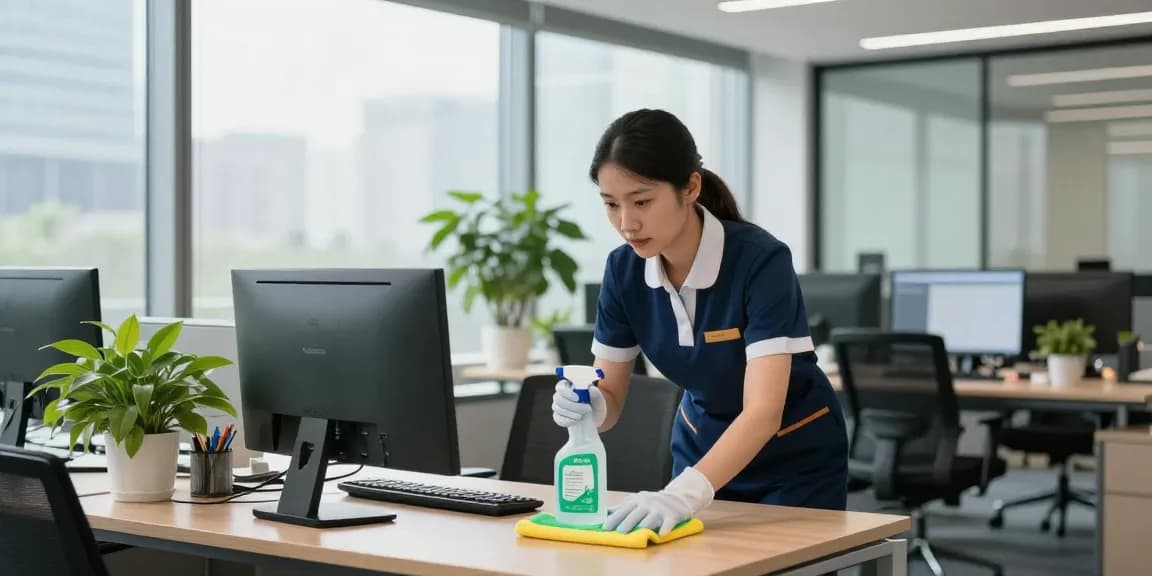 Die Gebäudereinigung Düsseldorf zeigt professionelles Reinigungspersonal bei der Arbeit in einem modernen Büro.