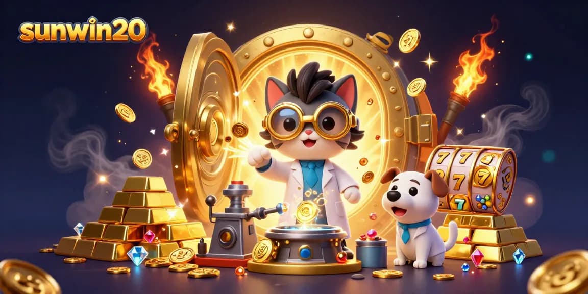 Spin and win at sunwin20 with the mad scientist cat and dog amid cascading gold and jackpot riches.