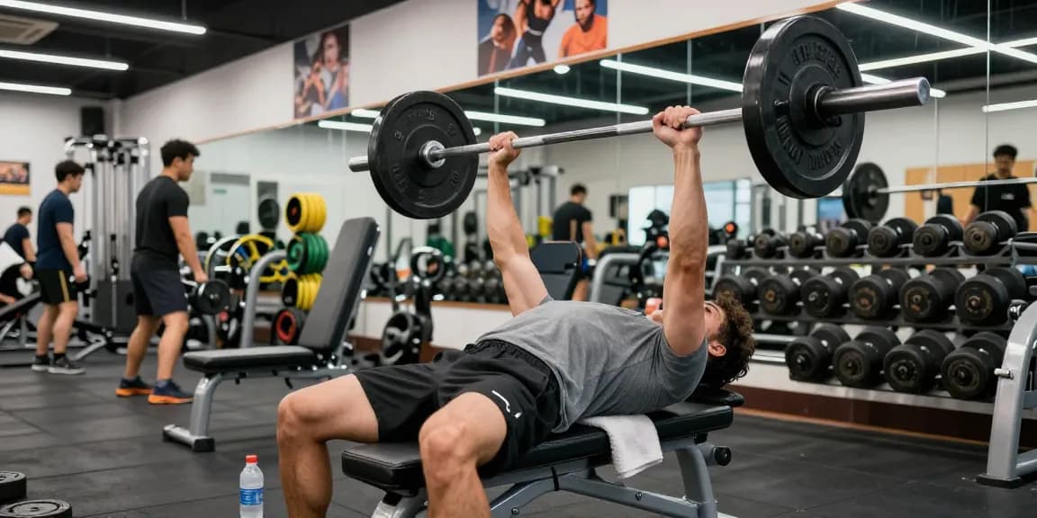 Utinon Steroids Shop: Athlet in modernem Fitnessstudio beim Bankdrücken für Muskelergebnisse.