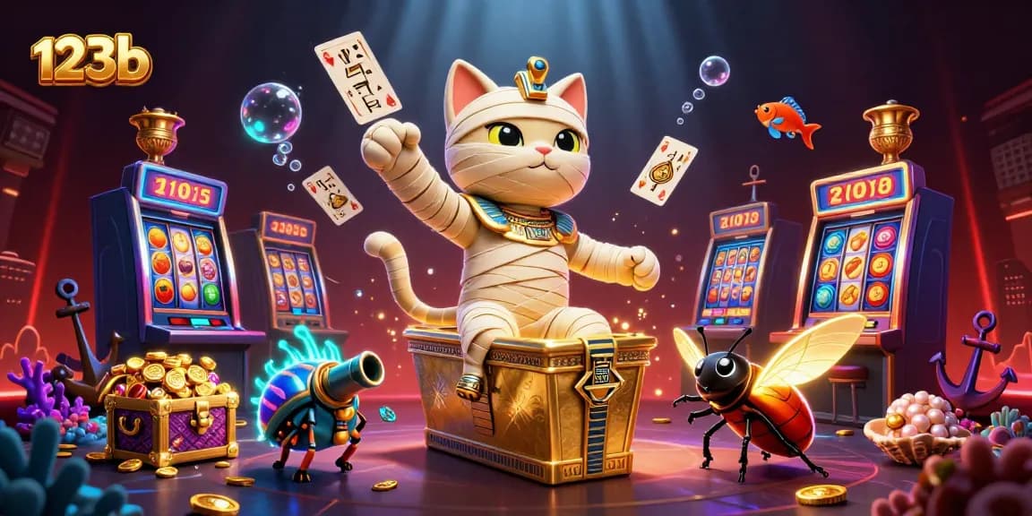 Experience thrilling 123b gameplay with a vibrant 3D casino scene featuring an Egyptian mummy cat.