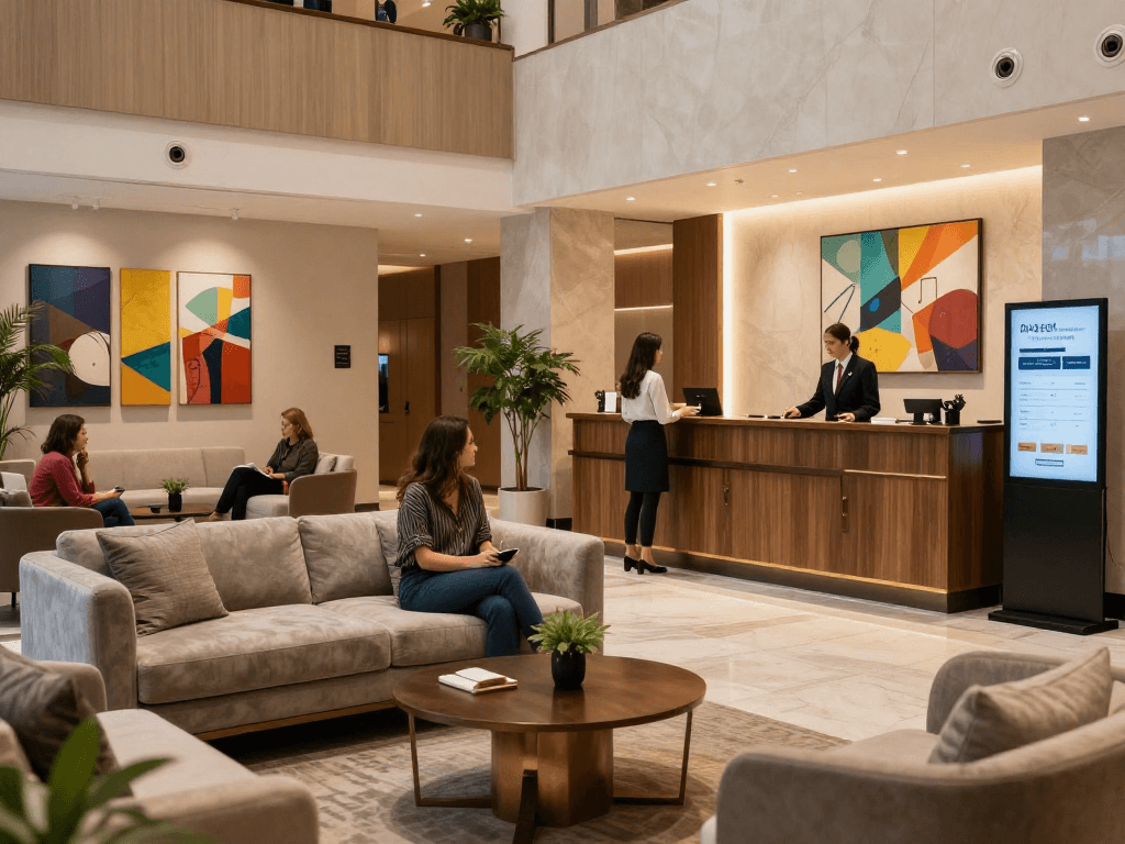 rokok88 login presented in a luxurious hotel lobby welcoming guests to Carter Hotel with modern decor.