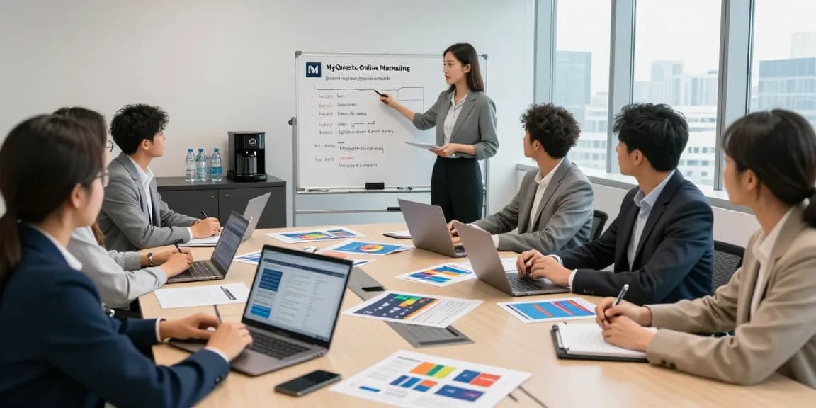 Teamzusammenarbeit in einem modernen Konferenzraum, fokussiert auf die MyQuests Online-Marketing-Strategiesitzung, die Analysen und Engagement zeigt.