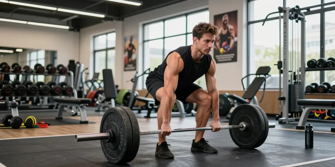 Anabolika Shop Deutschland - Bodybuilder hebt Gewichte in einem lebhaften Fitnessstudio und zeigt Engagement für Fitness.
