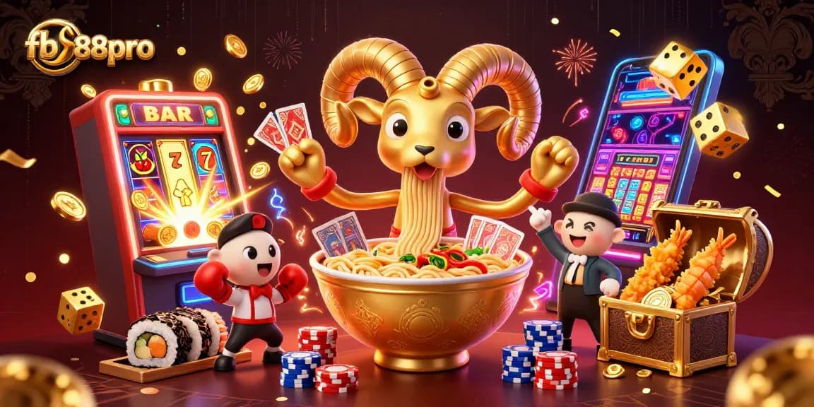 Watch the fb88pro casino scene with a golden ramen bowl dealer and colorful slot elements!