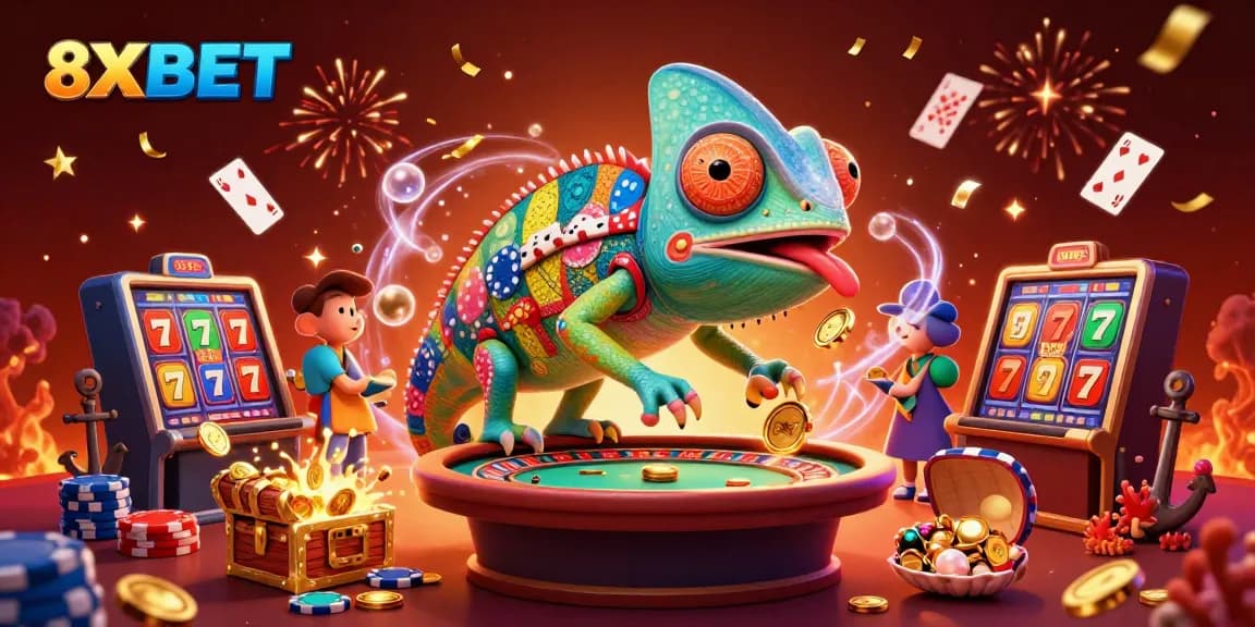 Experience the excitement of 8XBET with a vibrant 3D casino illustration showcasing risk and rewards.