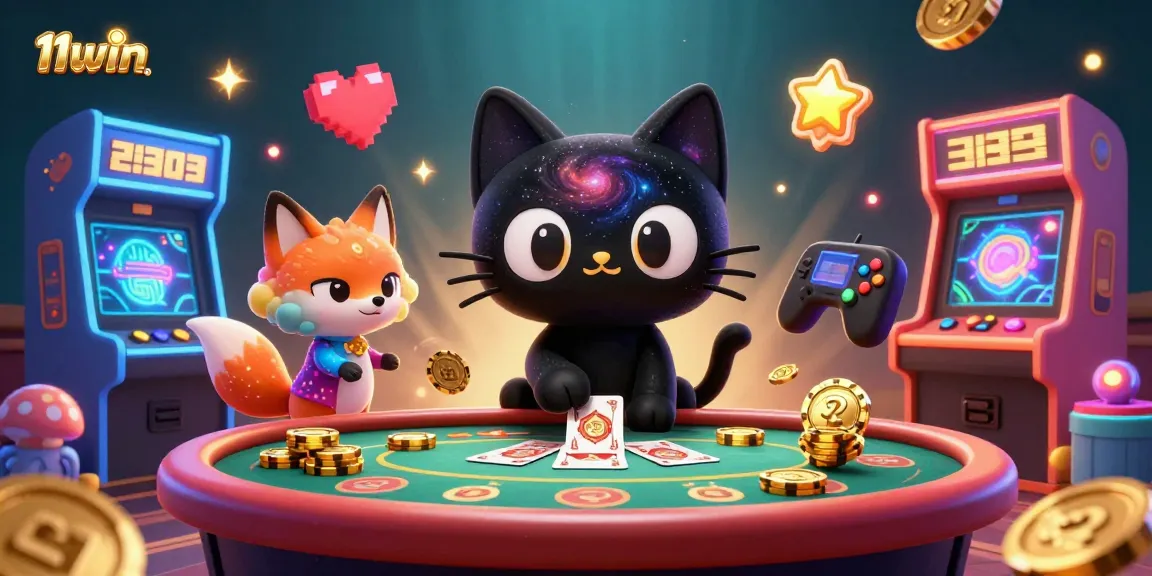 Experience the exciting cosmic gaming world with 11win, where a black hole cat attracts chips and cards.