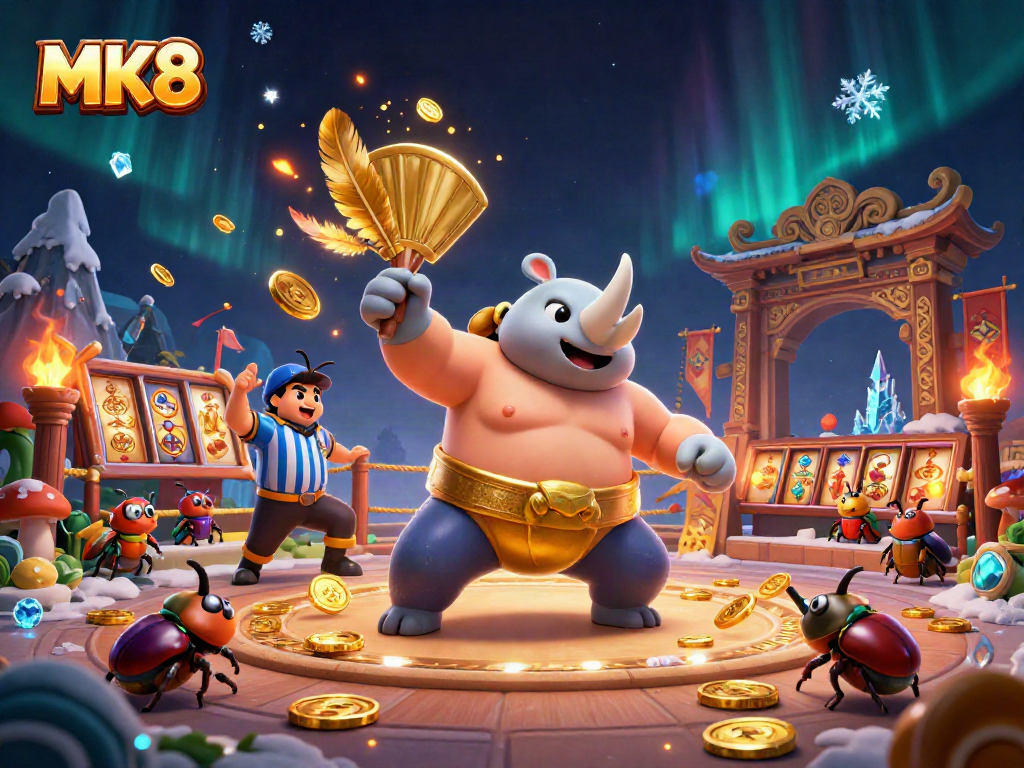 Engage with exciting MK8 slot gaming featuring a rhinoceros beetle champion surrounded by dynamic elements.