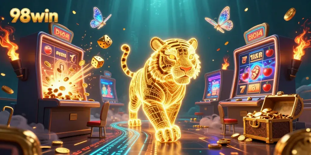 Experience thrilling gameplay with 98win's vibrant casino scene featuring golden tiger and jackpot elements.