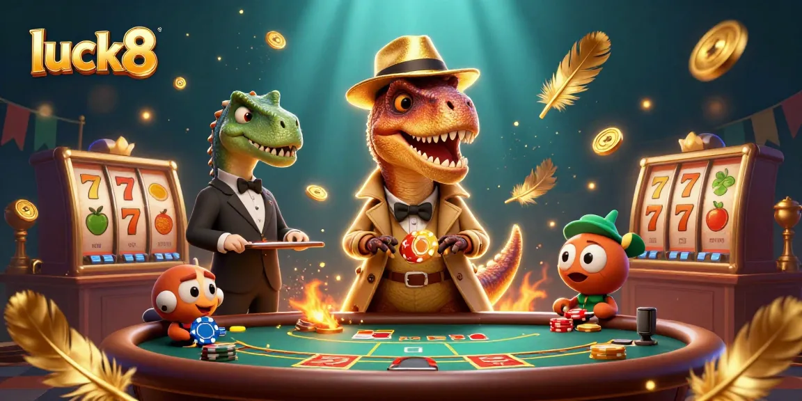 Engage with luck8 in this vibrant casino scene as a velociraptor bets inconspicuously at a blackjack table.