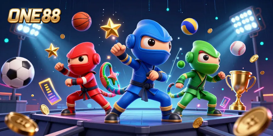 ONE88's ninja chameleons engage in dynamic martial arts atop a vibrant, casino-themed rooftop.