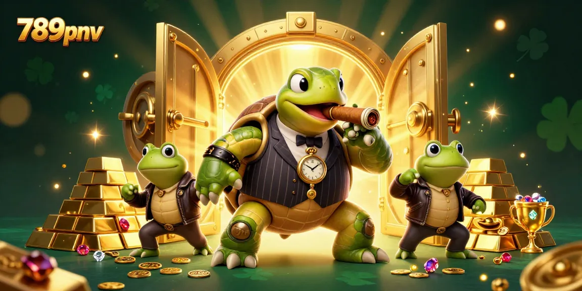 Experience thrilling games at 789pnv with a massive turtle in a vintage suit and casino lights.