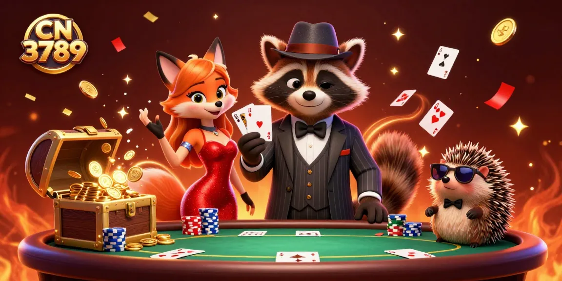 Engage with CN 3789's thrilling poker scene featuring raccoon, fox, and hedgehog amidst vibrant casino elements.