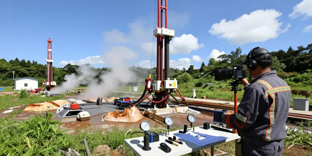 Techniker überwacht Geothermie-Bohrgerät mit geologischen Formationen im Hintergrund.