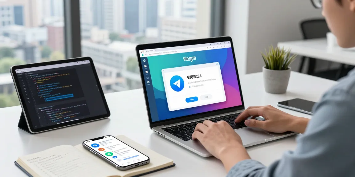 在现代办公环境中，用户在使用Telegram中文界面，周围有技术设备和笔记本。