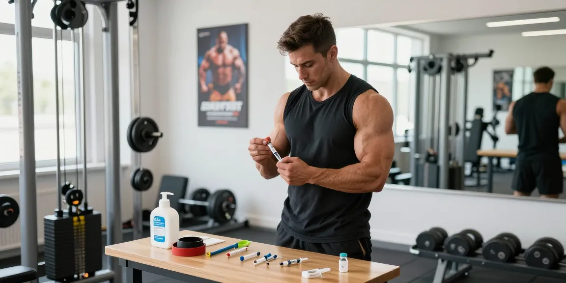 Anabolika Shop - Bodybuilder preparing for injection in modern gym environment