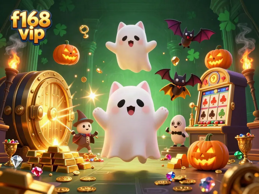 Play with f168 vip's ghost cat and bat in a vibrant, haunted casino filled with treasures.