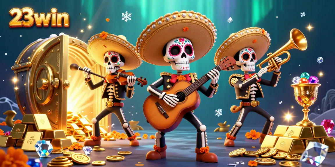 Experience the excitement of 23win with a vibrant casino scene showcasing a mariachi band amid gold treasures and gems.
