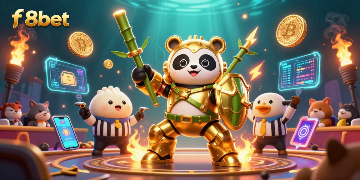 Engage with f8bet in a vibrant casino scene featuring a mech-suit panda fighting robot.