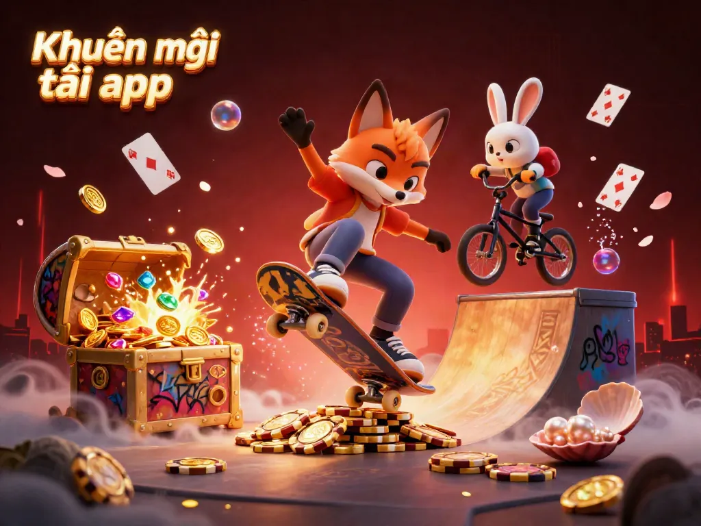 Engage with the exhilarating Khuyến mãi tải app scene featuring cartoon characters amidst colorful gambling elements.