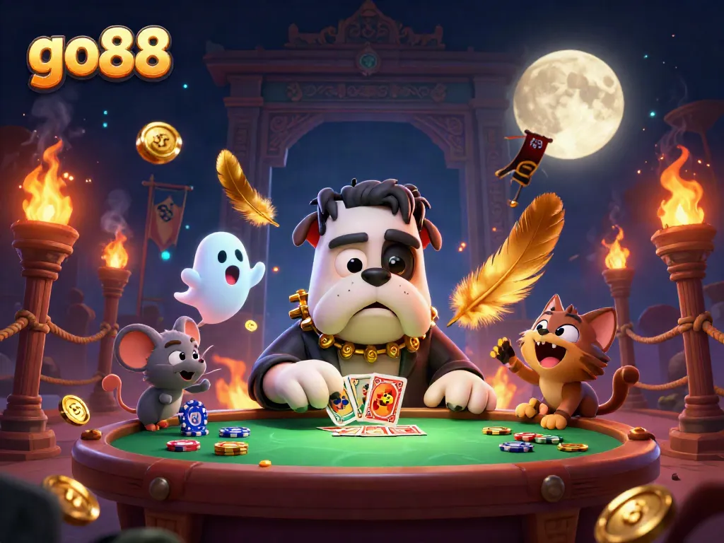 Experience thrilling gaming at Go88 with an exciting scene featuring a Frankenstein bulldog, ghost mouse, and werewolf kitten.