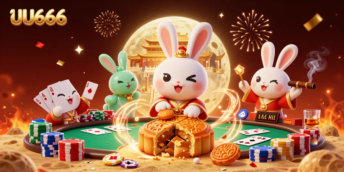 Engage with UU666's vibrant gaming world featuring a festive moon rabbit and poker chips.