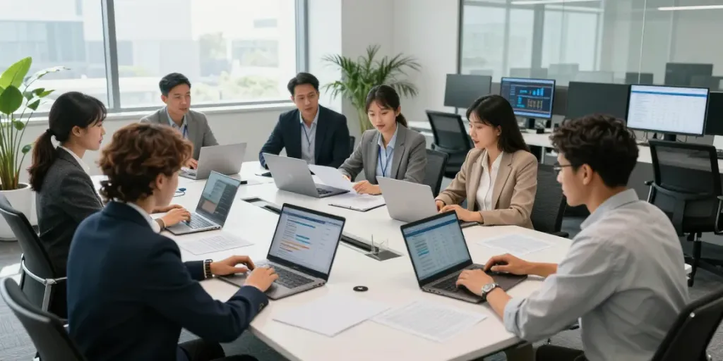 Equipo profesional colaborando en soluciones financieras para bbva es.