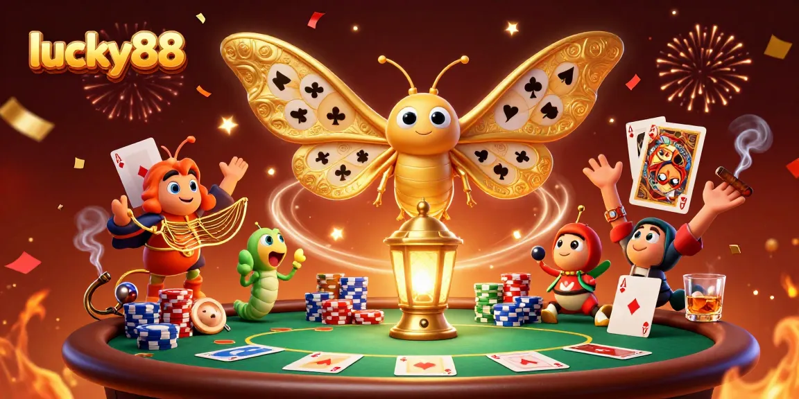 Engage with lucky88's vibrant scene featuring a golden atlas moth and poker chips.