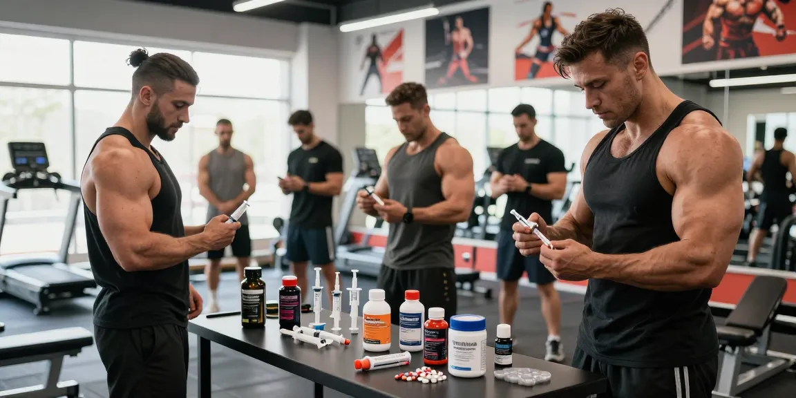 Anabolika Shop-Szene mit Bodybuildern, die mit Steroiden trainieren, zeigt Produkte und richtige Injektionstechniken in einem energiegeladenen Fitnessstudio.