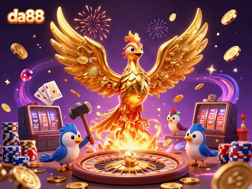 Win big with da88 as a molten phoenix rises above a colorful casino celebration scene.