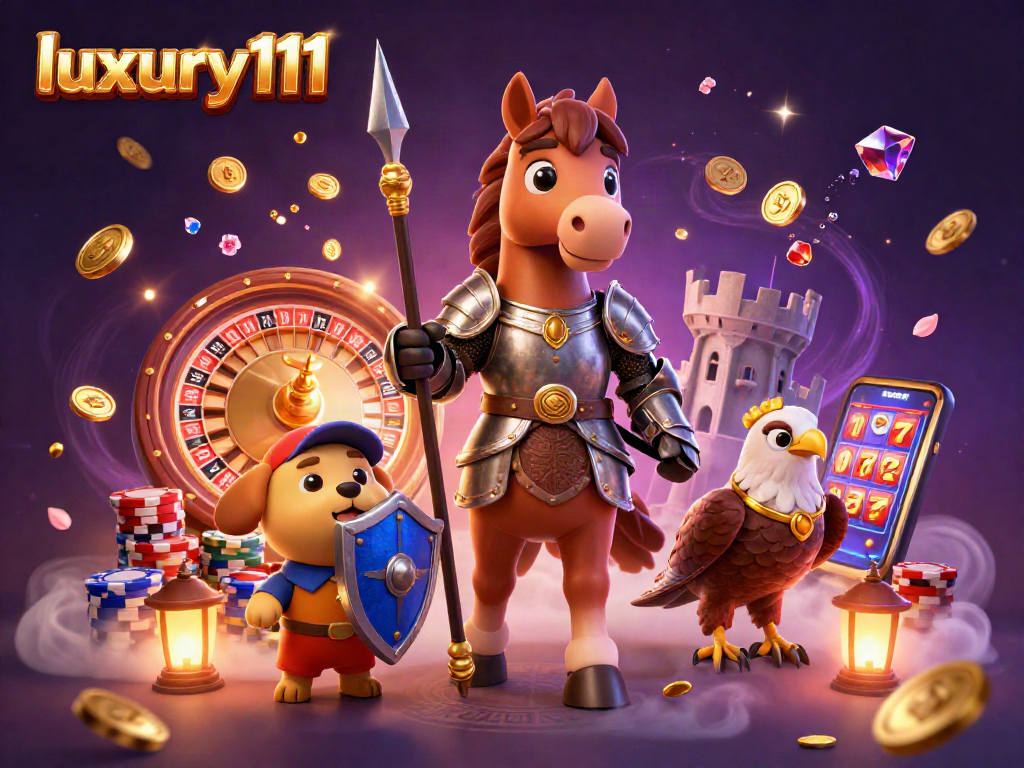 Experience excitement at luxury111 with a 3D scene featuring a knight, a puppy, and golden coins.