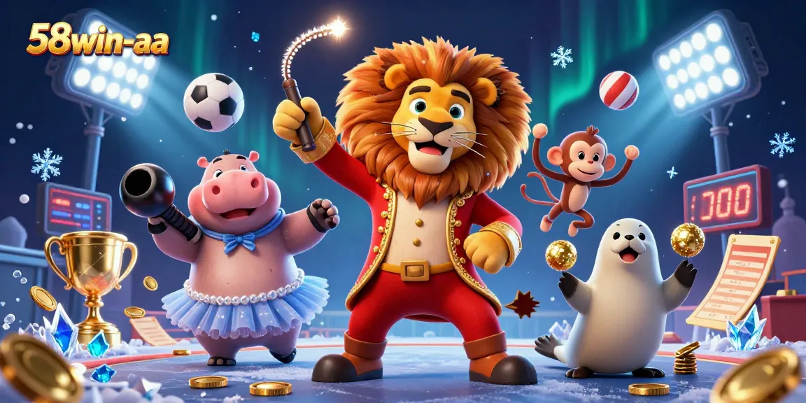 Circus-themed gambling illustration showcasing vibrant characters and sports elements in 58win-aa's dynamic online casino