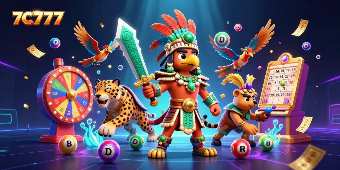 Experience excitement with 7C777 in a vibrant lottery-themed illustration showcasing dynamic game elements.