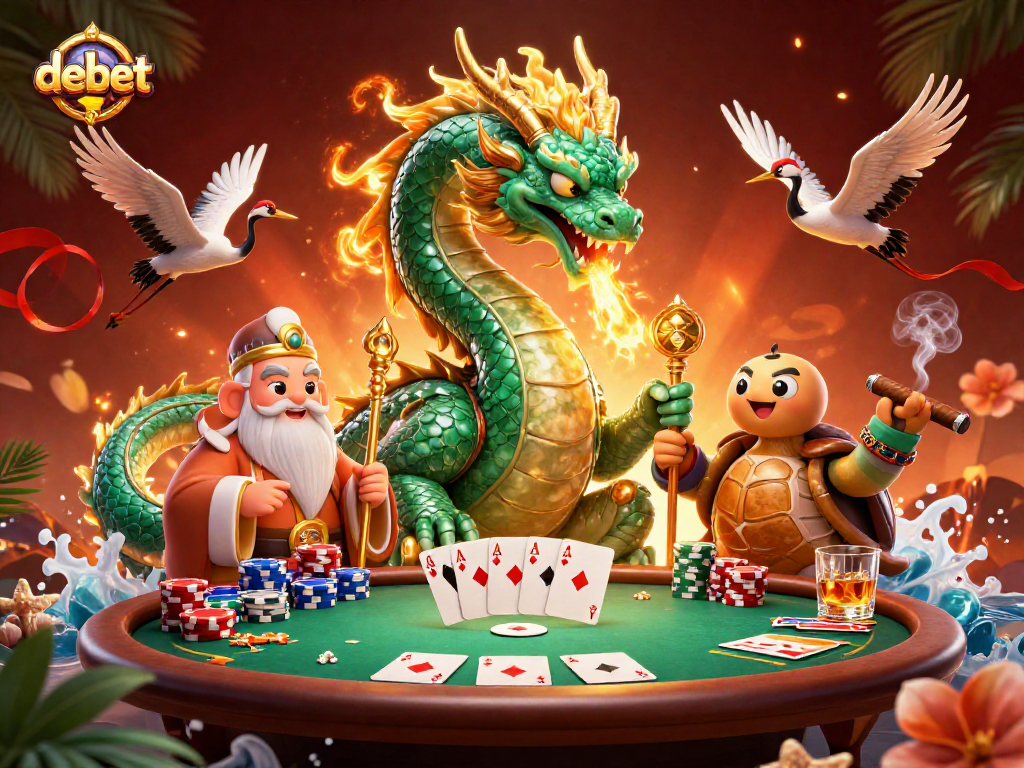 Experience the thrill of debet with an engaging dragon, wise turtle, and lucky cranes around a vibrant poker table.