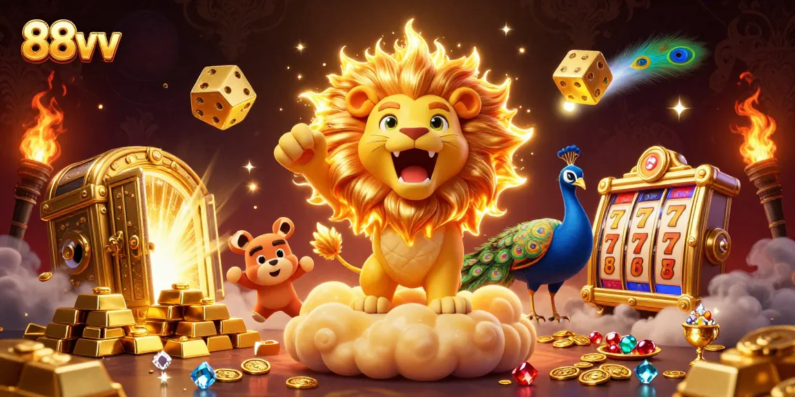 Experience excitement at 88vv with a triumphant lion amidst vivid casino treasures and vibrant slot reels.