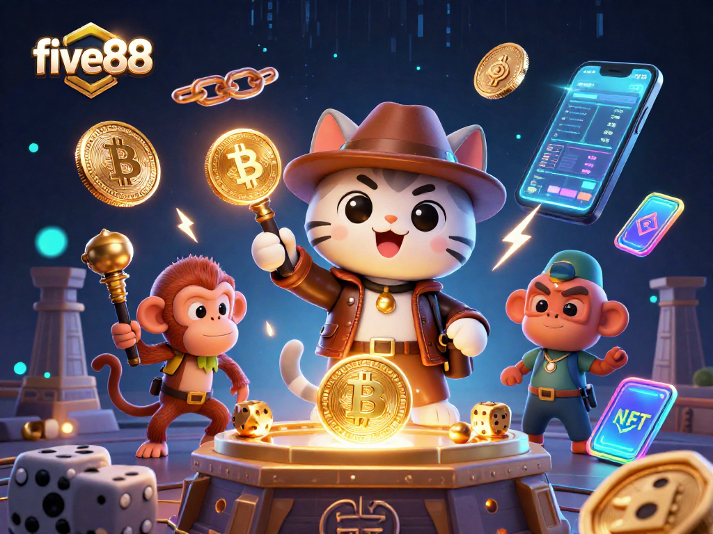 Experience vibrant five88 excitement with a cat explorer and a monkey in a dynamic casino discovery scene.