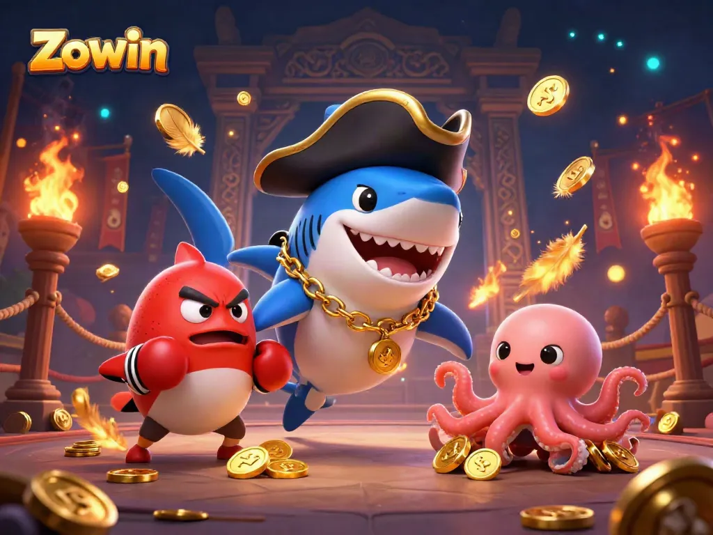Zowin brings excitement with gaming characters amidst gold coins in a vibrant casino illustration.