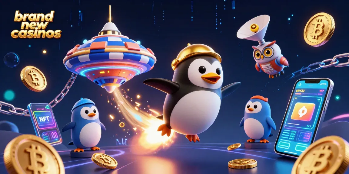Experience thrilling gameplay at brand new casinos with a golden penguin soaring towards a poker chip space station.