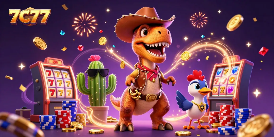 Spin the reels and win with 7C777's captivating casino scene filled with coins and vibrant characters.