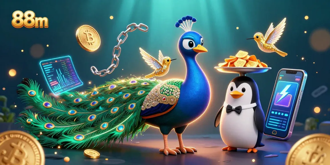 Engage in thrilling gameplay at 88m with vibrant casino characters and floating crypto elements.